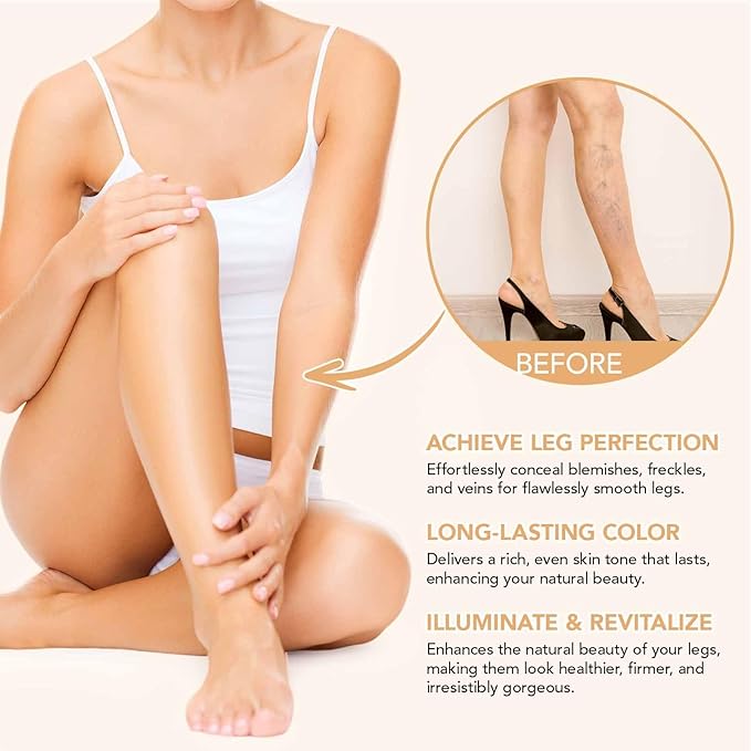 Waterproof Leg and Body Makeup, Long Lasting Skin Perfecting Body Foundation, No Transfer Vein Cover Up for Varicose Veins, Black Skin, Scars, Tattoos#Medium Glow 4FL OZ