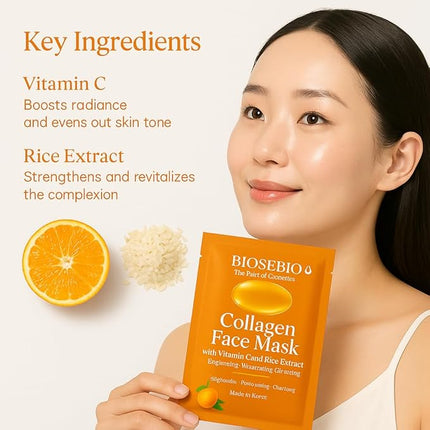 BIOSEBIO Korean Collagen Face Mask – 5 Sheets | Vitamin C & Rice Extract Brightening Sheet Mask for Radiant Glow | Hydrating & Plumping K-Beauty Facial Mask with Hydrolyzed Collagen&Panthenol