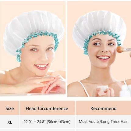 mikimini White Shower Cap for Long Hair 1 Pack, 12 inch large size,Waterproof Washable Hair Caps for Women and Girls, Super Cute and Extra Large