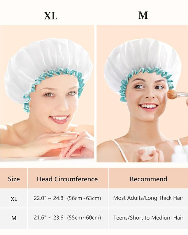 mikimini White Shower Cap for Women and Girls 2 Pack,Double Waterproof, Reusable,Washable, Super Cute and Soft,Comfortable