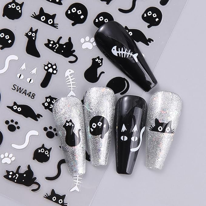 Cat Nail Sticker Black Animal Nail Decals 4Pcs Self-Adhesive 3D Cute Stickers Kawaii Cartoon Animal Self-Adhesive Nail Decals Black Nail Stickers for Nail Art Supplies for Women Nail Art Decorations
