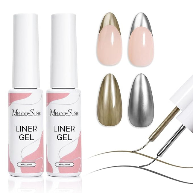 MelodySusie Metallic Gel Liner Nail Art Silver Bronze Gold Set Mirror Chrome 3D Effect,for Line and Patterns of Painting,French Nail Tips,DIY Manicure Pedicure for Home DIY Salon Use 8ML 2Pcs