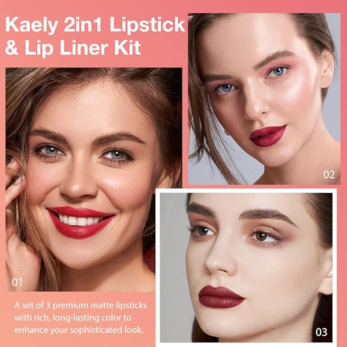 Kaely 3Pcs Gradient Matte Lipstick Lip Liner Pencil Set for Women, 2in1 Flawless Contour Gradual Ombre Effect Lip Pencil Makeup Waterproof, labiales mate 24 horas originales, 01+02+03