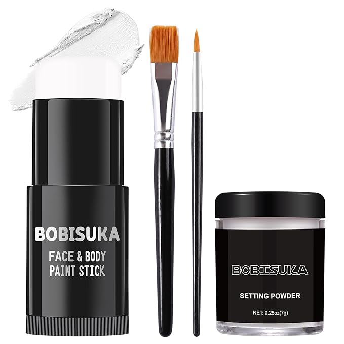 BOBISUKA White Face Paint Stick + Setting Powder+ 2 Paintbrushes Set, Clown Makeup Body Paint Eye Black Sticks for Sports, White Painting Kit for Halloween Skeleton Skull Special Effects SFX