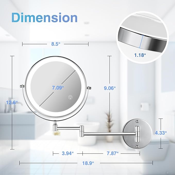 20X/1X Wall Mounted Lighted Makeup Mirror with Light, 8.5'' Double Sided Rechargeable Magnifying Bathroom Mirror, 3 Color Lights Touch Dimmable Extended Arm 360 Rotation Light up Magnification Mirrors