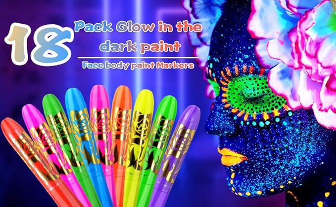 18 Pack Glow in The Dark Paint, Face Body Paint Sticks Makeup Painting Kits for Kids Adult, Neon UV Crayons Kit for Halloween and Parties