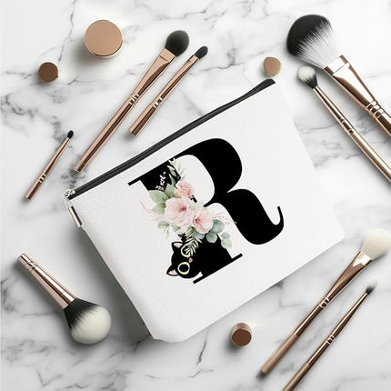 Floral Cat Initial Makeup Bag, Personalized Skin Care Bag, Travel Organizer Toiletry Bags for Women Mom Friends, Cosmetic Bags Makeup Pouch with Zipper, Letter R