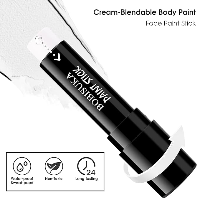 BOBISUKA White Face Paint Stick for Halloween, Sports, Cosplay – Non-Toxic Body Paint Stick for Skeleton Clown Ghost Makeup – Great for Eye Black, SFX & Costume Looks