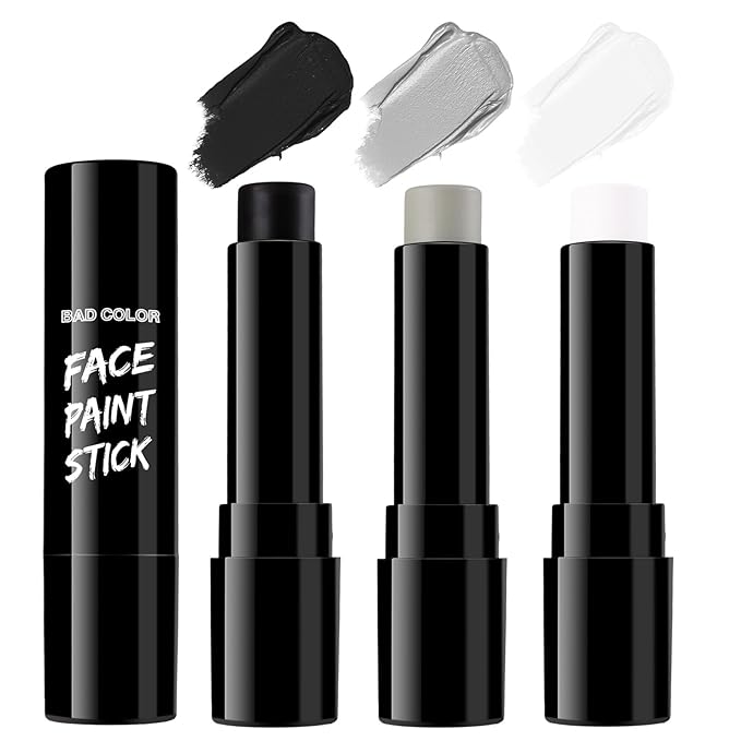 BAD COLOR 3PCS Black White Grey Face Body Paint Stick Makeup for Skull Skeleton Goth Mime SFX Cosplay & Dress Up, Full-Coverage Halloween Facepaint Makeup Kit