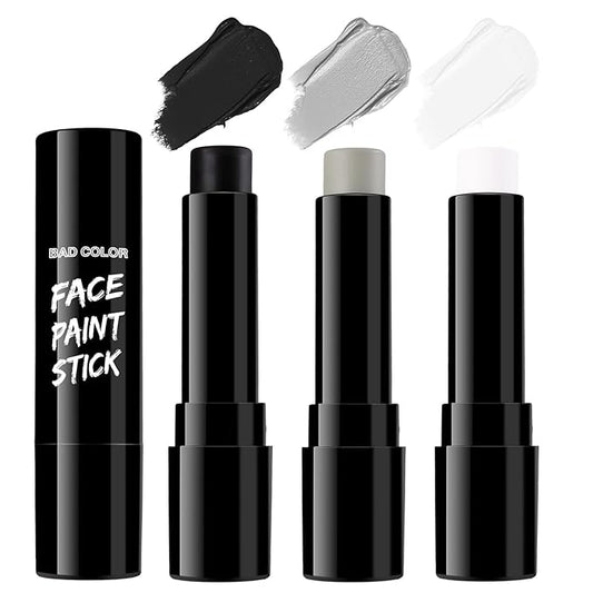 BAD COLOR 3PCS Black White Grey Face Body Paint Stick Makeup for Skull Skeleton Goth Mime SFX Cosplay & Dress Up, Full-Coverage Halloween Facepaint Makeup Kit