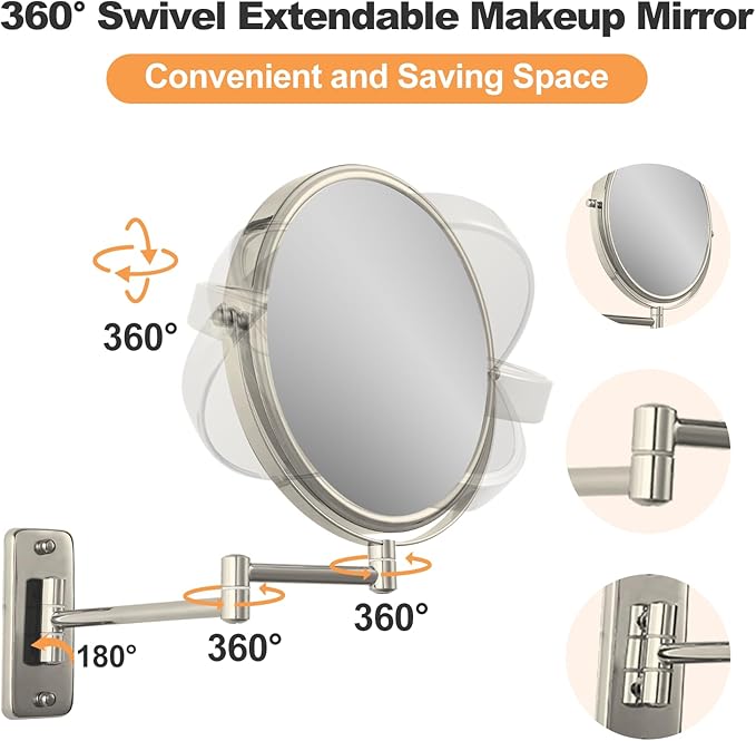 8" Wall Mount Magnifying Mirror, 1X/10X Double-Sided Makeup Mirror Wall Mounted with Extendable Folding Arm, 360° Rotation, Brushed Nickel, Perfect for Shaving & Makeup in Bathroom (No Light)