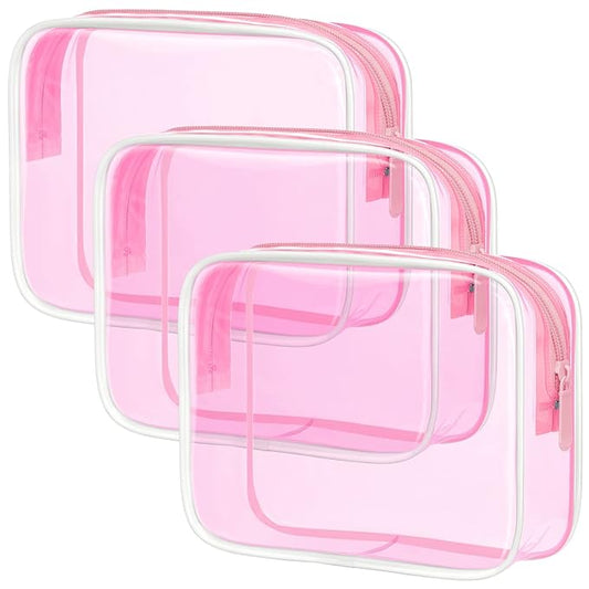 PACKISM Clear Makeup Bags - 3 Pack Tsa Approved Toiletry Bag with Zipper, Water-resistant Clear Cosmetic Bags Fit Travel Essentials, Carry-on Travel Toiletry Bag, Fluorescent Pink