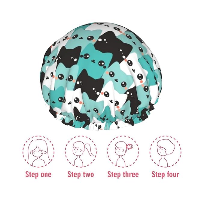 Cat Pattern Shower Cap For Women Reusable Waterproof Double Layers Bath Cap Hair Protection Elastic Ladies Spa Salon Shower Hat