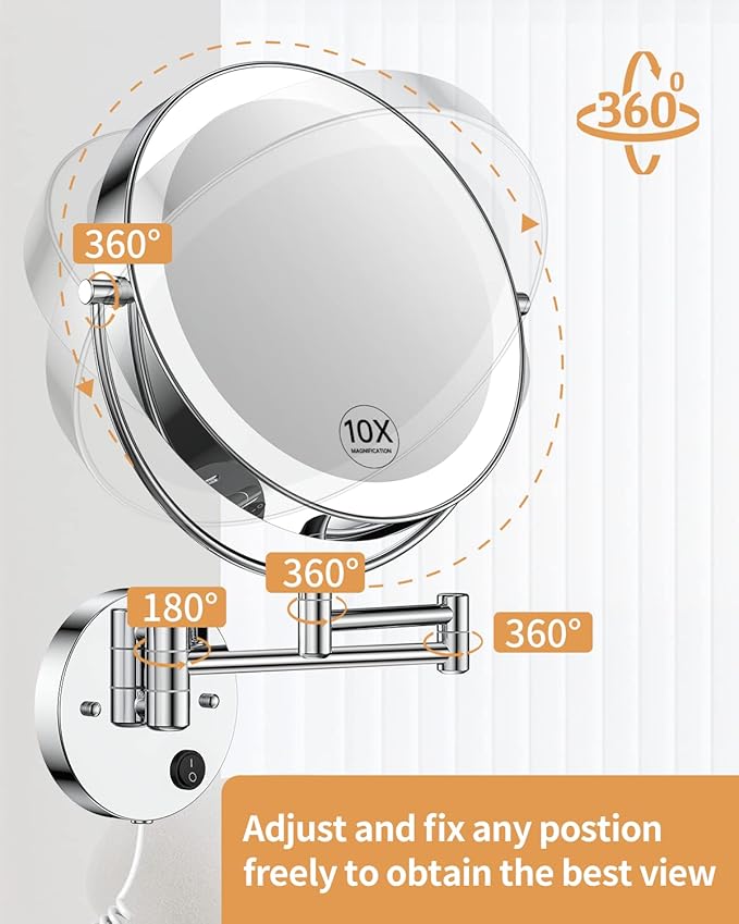 Gospire 9” Wall Mounted Lighted Magnifying Mirror, 1X/10X Magnification Double-Sided LED Bathroom Mirror, 3 Color Lights & Stepless Dimming with Touch Sensor, Extendable Arm 360° Swivel for Shaving