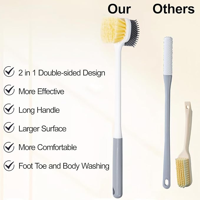 Foot Brush for Shower, Toe Scrubber Brush Long Handle 13.78”, 2 in 1 Silicone and Soft Bristle Brushes for Toe Gap Cleansing and Scrubbing, Skin Exfoliation, Seniors, Adults, Grey