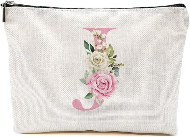 Pink Monogram Makeup Bag, Initial J, Cosmetic Bag Personalized Travel Organizer Bags Makeup Pouch, Monogrammed Gifts for Women Girls Friend Sisters Girlfriend Bridesmaid Wedding Bridal Shower Gifts