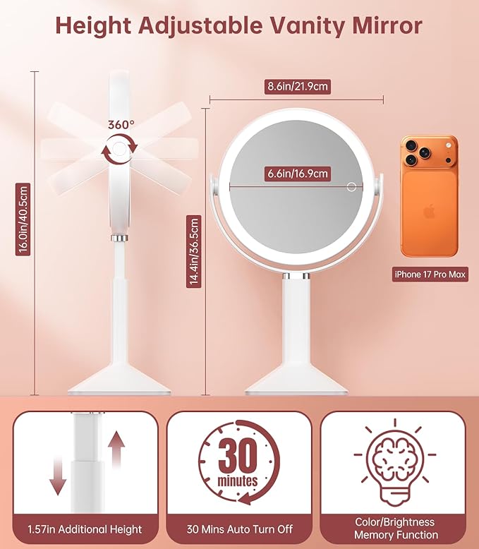 Benbilry 20X Magnifying Mirror with Light, Rechargeable 4000mAh Lighted Makeup Mirror with Magnification, Adjustable Height, 3 Color Modes, 2-Sides Vanity Mirrors for Desk Bathroom Bedroom