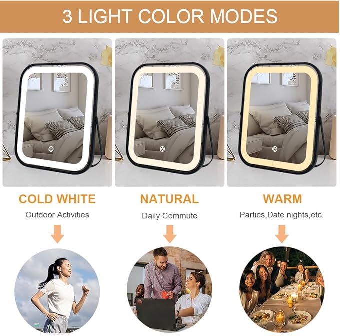 Lighted Vanity Mirror, Rechargeable Travel Makeup Mirror with Lights, 10''x8'' Desk Mirror with Lights,Make up Mirror with Lighting for Makeup Desk ＆ Dressing Room