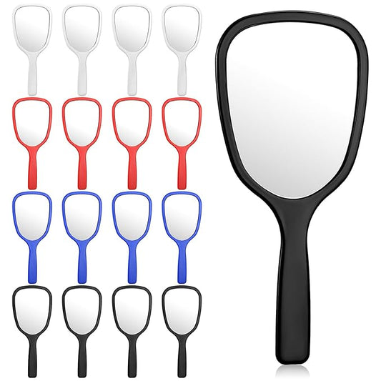 Hicarer 16 Pcs Hand Handheld Mirror with Handle Plastic Travel Makeup Handheld Cosmetic Mirror for Travel, 3.15 Inch Wide, 7.09 Inch Long (Black,White,Blue,Red)