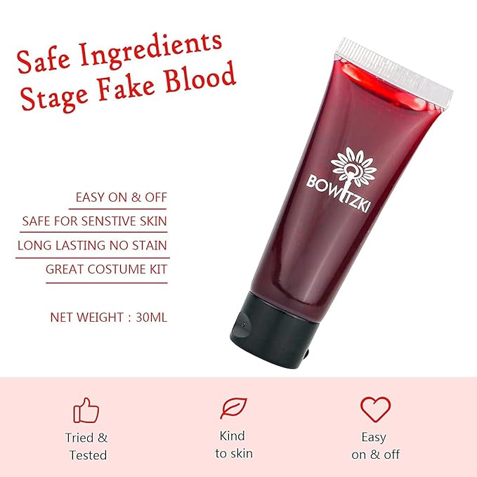 Bowitzki Halloween Makeup Kit Cream Face Paint Water Based Liquid Latex Fake Blood Brush Sponges Body Painting Special Effects SFX Zombie Vampire Monster Christmas Party red black white