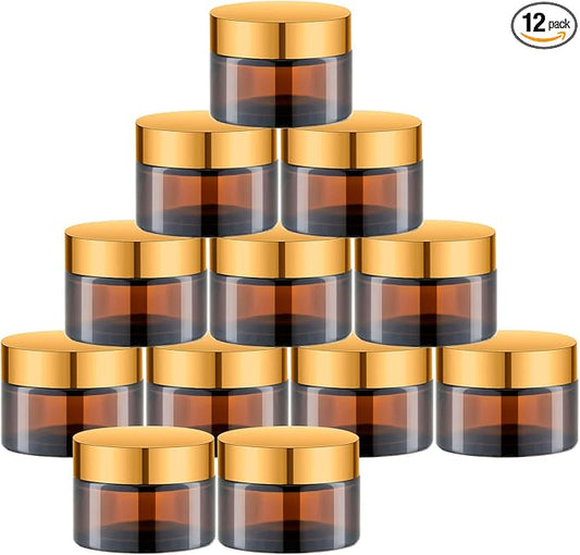 1 Oz Amber Round Glass Jars with Gold Lid, Empty Glass Containers with Inner Liners, Refillable Cosmetic Vials for Cream, Lotion, Ointment (12 PCS)