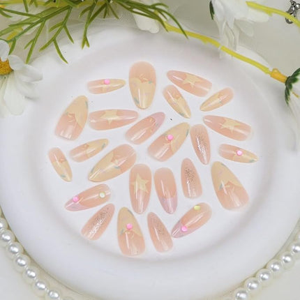 French Tip Press on Nails Almond Medium Fake Nails with Light Pink Yellow Star Rhinestones Designs Nails Press ons Glossy Acrylic Nail Cute Stick on Nail for Women 24 Pcs