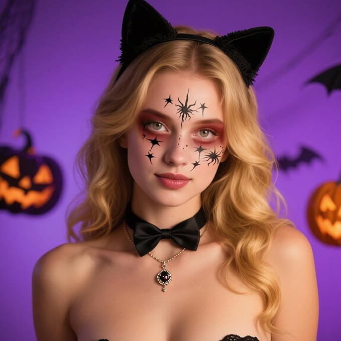 Halloween Face Tattoos, Tattoo Decals with Spider & Star Design,Temporary Makeup Tattoos Stickers, Temporary Face Tattoo Sticker Art for Halloween, Adults, Kids, Costume Parties 8Pcs