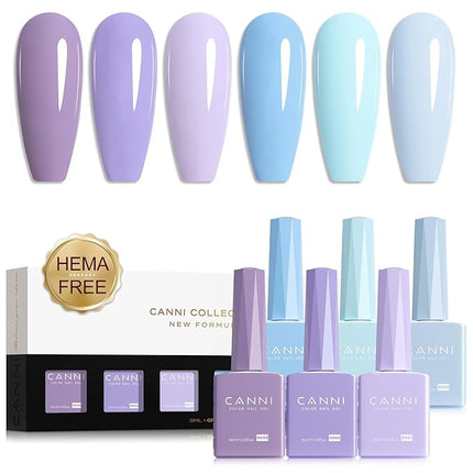 CANNI Purple Gel Nail Polish Set – 6 Colors (Lavender, Ice Blue, Lilac, Baby Blue, Light Purple), 9ML Soak Off UV LED Gel Nail Kit for DIY Nail Art & Home Salon