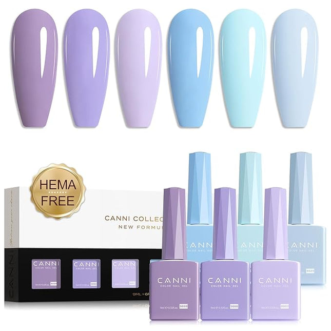 CANNI Purple Gel Nail Polish Set – 6 Colors (Lavender, Ice Blue, Lilac, Baby Blue, Light Purple), 9ML Soak Off UV LED Gel Nail Kit for DIY Nail Art & Home Salon