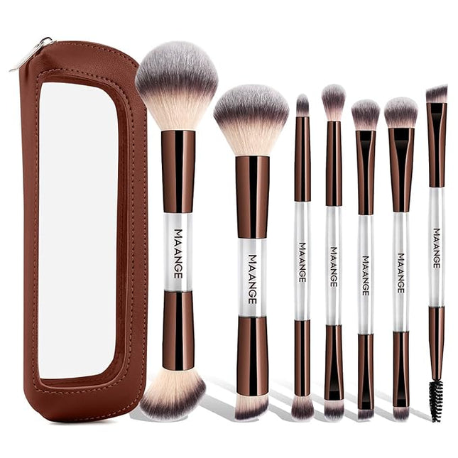 MAANGE 7 PCS Foundation Makeup Brush Set With Bag, Make up Brushes, Eyeshadow Concealer Brush, Double-ended Foundation Contour Powder Blush, Professional Face brush Set Tools For Liquid,Cream (White)