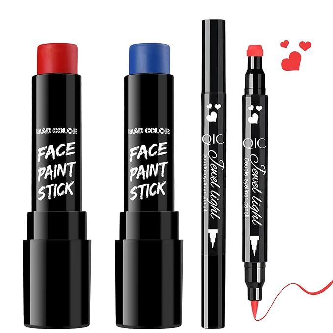 BAD COLOR 3PCS Red Blue Face Body Paint Stick Makeup for Harley/Joker SFX Cosplay & Dress Up, Red Liquid Eyeliner Stamp Pen for Clown Costume Cosplay