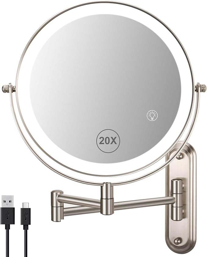 Wall Mounted Makeup Mirror, 1x/20x Magnifying Mirror with 8.5" Double Sided, Vanity Makeup Mirror for Bathroom, Brushed Nickel