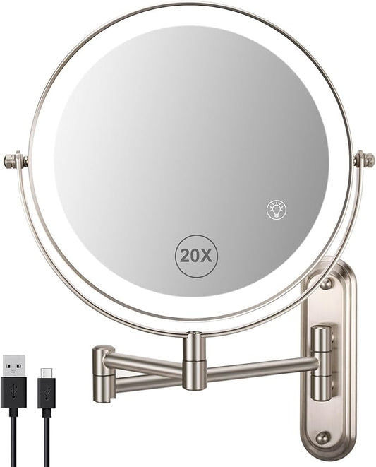 Wall Mounted Makeup Mirror, 1x/20x Magnifying Mirror with 8.5" Double Sided, Vanity Makeup Mirror for Bathroom, Brushed Nickel