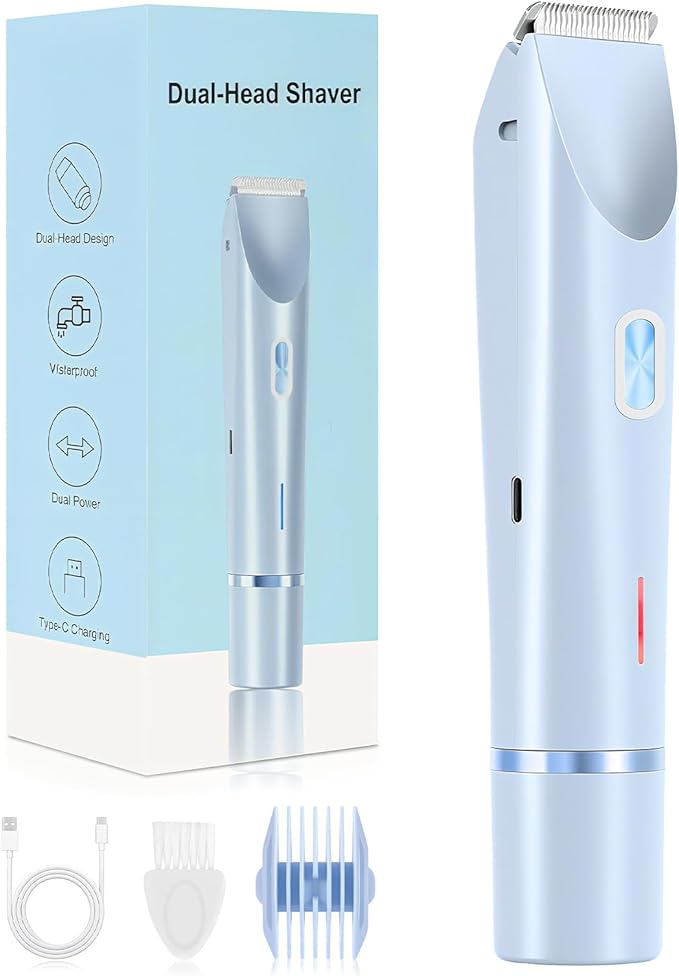 2025 New 2-in-1 Bikini Trimmer for Women, Dermave Bikini Shaver, Hypoallergenic, Wet & Dry IPX7 Waterproof, Cordless Pubic Hair Removal for Bikini, Leg, Arm, Body (Blue)