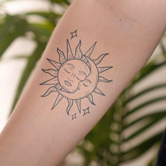 Sun & Moon Temporary Tattoo – Black & White Sketch, Elegant Celestial Design, Realistic, Waterproof & Long-Lasting for 2 Weeks, Ideal for Arm, Neck & Shoulders