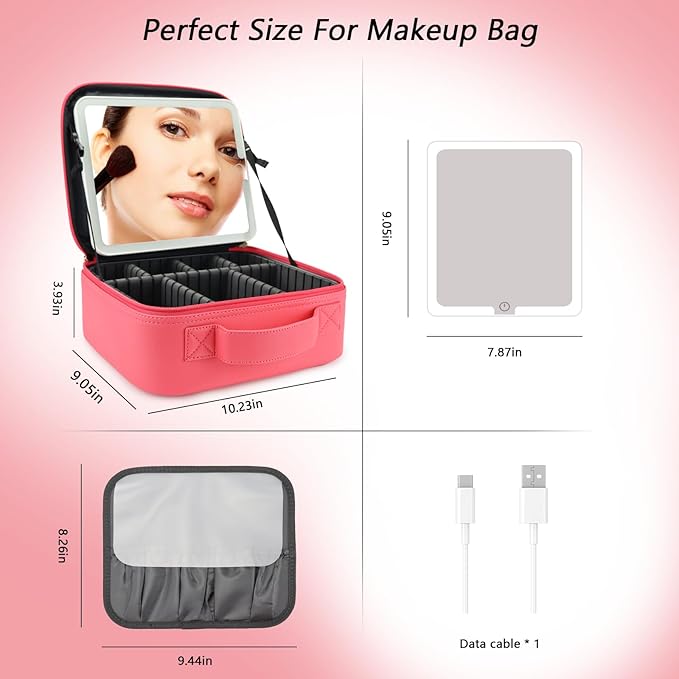 Travel Makeup Bag with LED Mirror Travel Makeup Organizer with 3 Lighted Settings, Adjustable Dividers and Makeup Brush Storage Bag Light Red