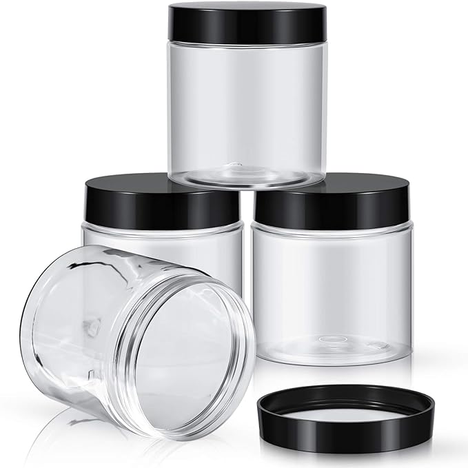 Patelai 4 Pieces Round Wide-mouth Leak Proof Plastic Container Jars with Lids for Travel Storage Makeup Beauty Products Face Creams Oils Salves Ointments DIY Making(8 Ounce,Black)