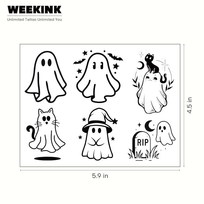 6 Designs Cute Ghost Temporary Tattoos – Halloween Fake Tattoos for Adults, Fun Cartoon Ghost, Cat & Spooky RIP Body Art Tattoo Stickers, Realistic & Long Lasting for 2 Weeks