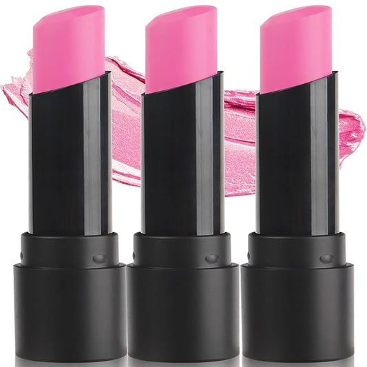 MEICOLY 3Pcs Hot Pink Eye Black Stick,Sweat Proof Waterproof Eye Black Baseball Softball Football Lacrosse,Pink Face Body Paint Stick for Halloween SFX Cosplay Makeup,Matte Lipstick for Women