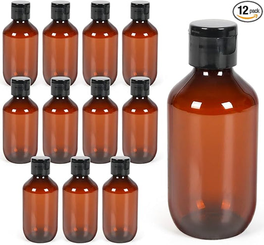 12 Pack 3.4oz Amber Travel Bottles with Flip Cap, Small Plastic Dispenser Container, Empty Bottles Set for Essential Oils Hair