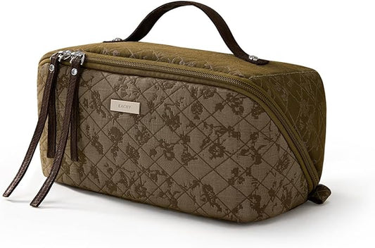 EACHY Travel Makeup Bag, Large Toiletry Bag for Women, Flat-Opening Organizer Pouch with Compartments
