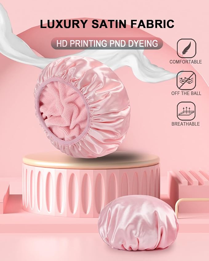 YIZIJIZI Terry Lined Shower Cap,Triple Layer Large Cap for Women,Shower Cap Reusable Waterproof,Long Thick Hair(Pink)