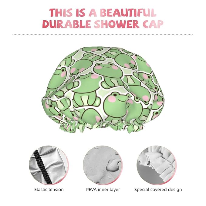 Cute Frogs Shower Cap For Women Reusable Waterproof Double Layers Bath Cap Hair Protection Elastic Ladies Spa Salon Shower Hat