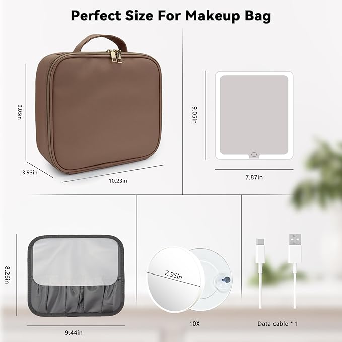 Travel Makeup Bag with LED Mirror and 10x magnifying glass with 3 Lighted Settings, Adjustable Dividers and Makeup Brush Storage Bag Mocha
