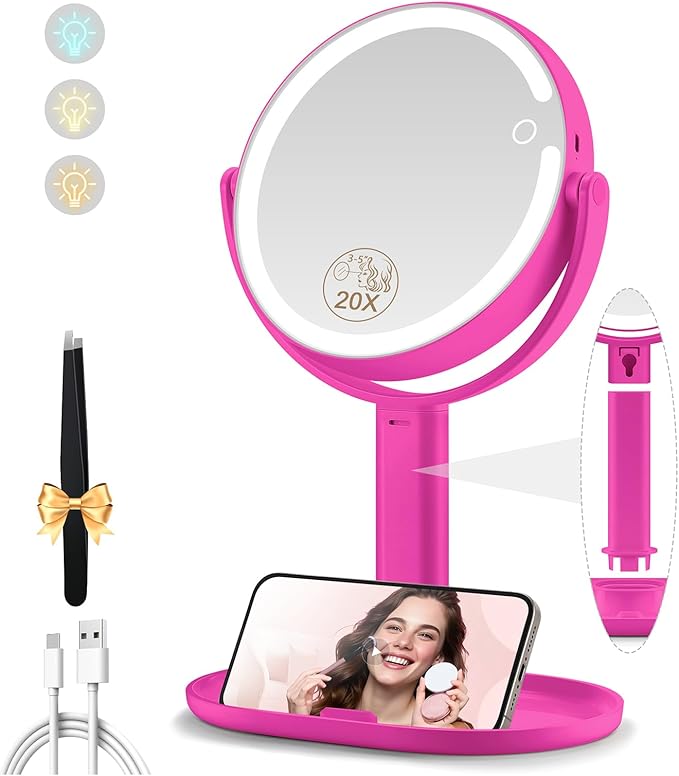 Makeup Mirror with Lights, Double Sided 1x/20x Magnifying Mirror with Light, Rechargeable 3 Color Lights and Adjustable Brightness, 360° Rotation Detachable Comes with Tweezer(Hotpink)
