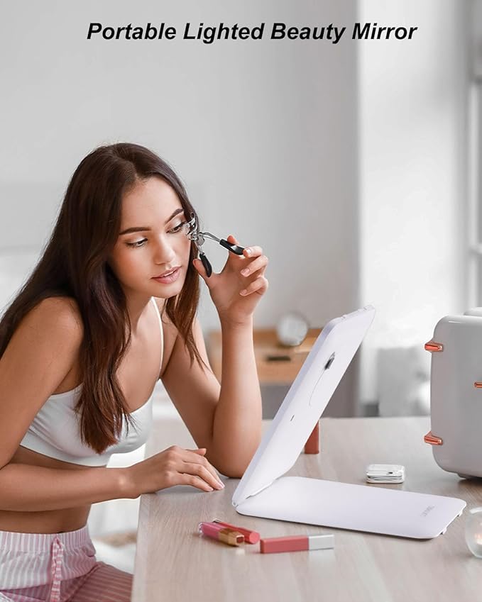 7x9.5 Inches Lighted Travel Mirror with 10X Magnifying Round Mirror, Rechargeable Battery, USB-C Charging, 78 LEDs, Tabletop Mount