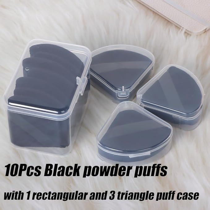Ocim 10Pcs Triangle Powder Puffs for Face Powder,Soft Velour Triangular Beauty Puff,Makeup Pressed,Baking & Setting Powder Sponge Applicator Pads with Case,Black