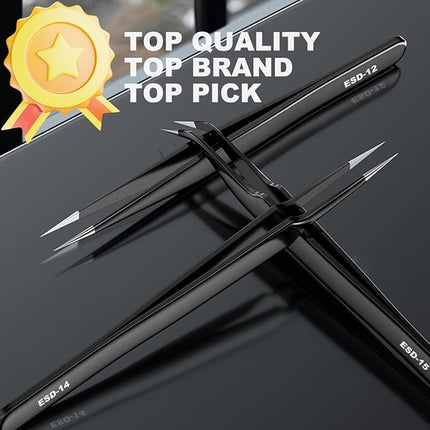 Antonki 12 Pack Precision Tweezers Set for Craft, Soldering, Jewelry, Facial Hair, Eyebrow, Ingrown Hair Removal, Eyelash Extension- with Case