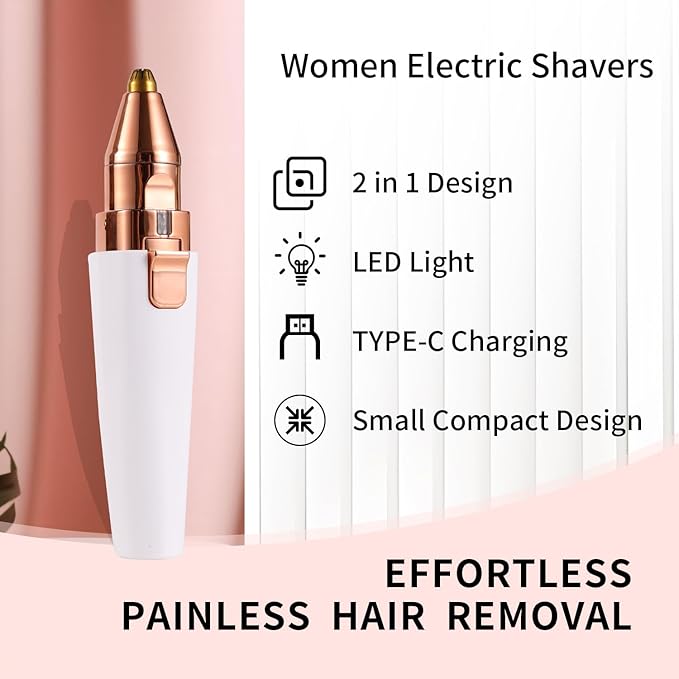 Facial Hair Removal for Women,2 in 1 Electric Hair Removal Device for Chin Upper Lip Peach Fuzz & Rechargeable Eyebrow Trimmer with LED Light for Precise Shaping