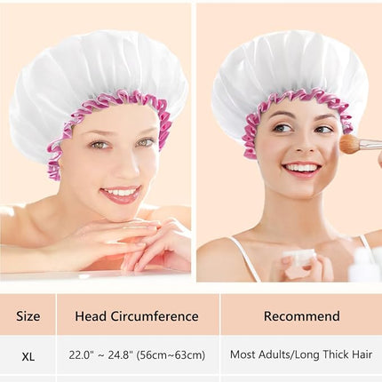 mikimini White Shower Cap Pack of 2 Waterproof Reusable Double Layers Bathing Hair Caps with Soft Comfortable PEVA Lining, Cute, Non-fading & Stretchy Shower Hat Medium White